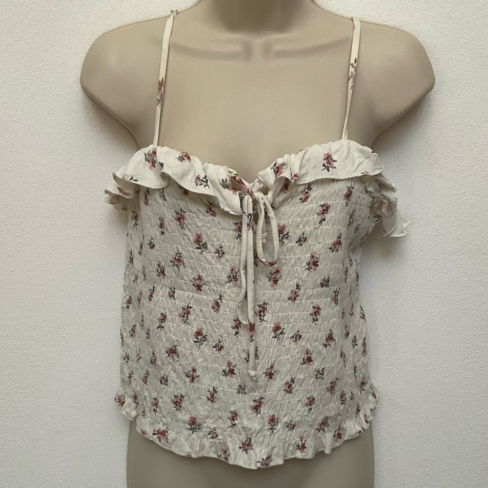 American Eagle White, Pink Floral Smocked Ruffle Tank Size Large Tie Front
